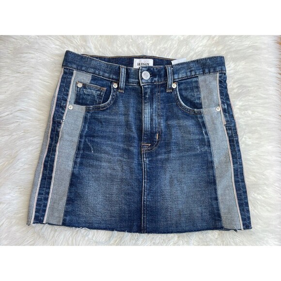 Hudson Size 25 The Viper Denim Mini Skirt Raw Edge Hem Color Block BIN A18 - Picture 12 of 12